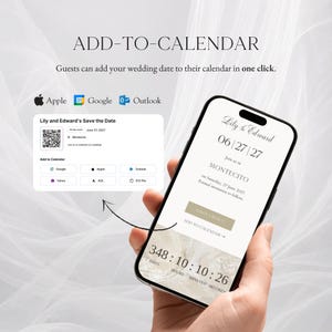 May include: A smartphone displaying a digital wedding save-the-date with a countdown timer, date, and location. An inset shows a QR code and buttons for Apple, Google, and Outlook calendars with the text ADD-TO-CALENDAR and Lily and Edward.