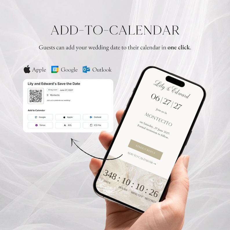 May include: A smartphone displaying a digital wedding save-the-date with a countdown timer, date, and location. An inset shows a QR code and buttons for Apple, Google, and Outlook calendars with the text ADD-TO-CALENDAR and Lily and Edward.