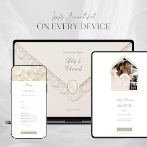 May include: A laptop, smartphone, and tablet displaying a digital wedding invitation suite. The screens show an envelope graphic with lace trim, a wax seal, and the text "Looks Beautiful ON EVERY DEVICE", "A new chapter begins", "Lily & Edward", "RSVP", and "06 | 27 | 27".