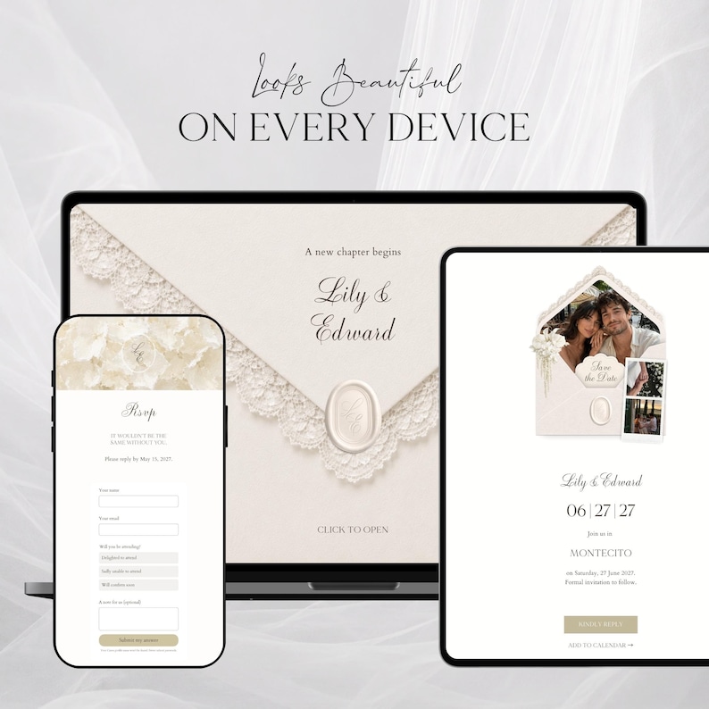 May include: A laptop, smartphone, and tablet displaying a digital wedding invitation suite. The screens show an envelope graphic with lace trim, a wax seal, and the text "Looks Beautiful ON EVERY DEVICE", "A new chapter begins", "Lily & Edward", "RSVP", and "06 | 27 | 27".