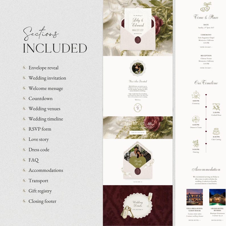 Olive Green Burgundy Wedding Website Template Canva · Digital Wedding Invitation with RSVP & Countdown image 2