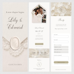 May include: A digital wedding invitation suite featuring a cream-colored envelope with a wax seal, a photo of a couple, and an RSVP form. Text includes A new chapter begins, Lily & Edward, 06|27|27, Montecito, and RSVP. A countdown timer shows 348 days remaining.