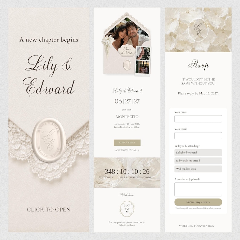 May include: A digital wedding invitation suite featuring a cream-colored envelope with a wax seal, a photo of a couple, and an RSVP form. Text includes A new chapter begins, Lily & Edward, 06|27|27, Montecito, and RSVP. A countdown timer shows 348 days remaining.