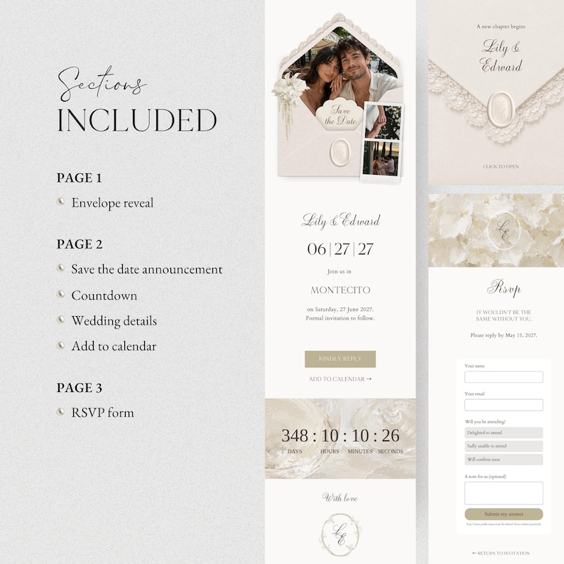 May include: A digital wedding invitation template featuring an envelope reveal, a save the date announcement for Lily and Edward on 06/27/27 in Montecito, a countdown timer, wedding details, and an RSVP form with fields for name, email, and attendance status.