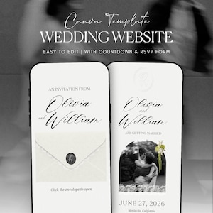 May include: Two smartphones displaying a wedding website template. The text reads "Canva Template WEDDING WEBSITE" and "Olivia and William" with the date "June 27, 2026". The website includes an RSVP form.