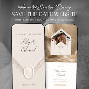 Puede incluir: Dos teléfonos inteligentes que muestran un sitio web digital de save the date. Las pantallas muestran el texto Animated Envelope Opening, SAVE THE DATE WEBSITE, WITH RSVP FORM, COUNTDOWN & MUSIC PLAYER, FROM THE FUTURE MR. & MRS. Lily & Edward, y Villa Aurelia, Montecito.