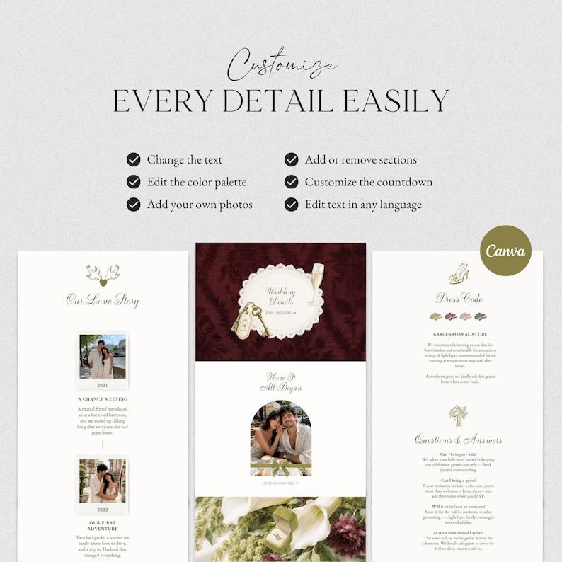 Olive Green Burgundy Wedding Website Template Canva · Digital Wedding Invitation with RSVP & Countdown image 4