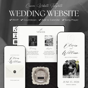 May include: A Canva website template for a wedding website displayed on multiple mobile and desktop screens. The interface features text including Wedding Website, RSVP, Countdown, Add to Calendar, Song Player, Olivia and William, and June 27, 2026.
