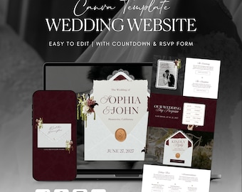 Modèle de site Web de mariage Old Money Bourgogne · Faire-part numérique Canva avec formulaire RSVP et compte à rebours