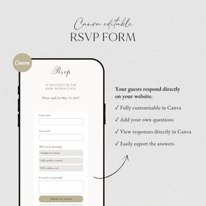 May include: A digital RSVP form template displayed on a smartphone screen. The form includes fields for name, email, attendance status, and a note. Text on the screen reads: It wouldn't be the same without you. Please reply by May 15, 2027.