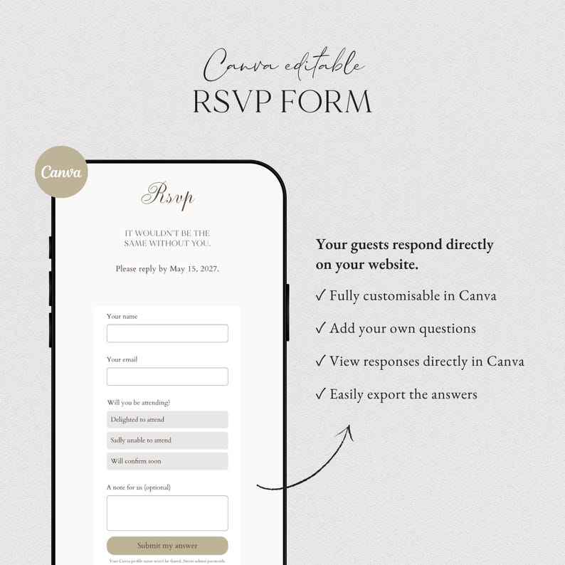 May include: A digital RSVP form template displayed on a smartphone screen. The form includes fields for name, email, attendance status, and a note. Text on the screen reads: It wouldn't be the same without you. Please reply by May 15, 2027.