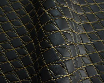Tela de tapicería de coche de vinilo acolchado negro y dorado con imitación de cuero / 5 x 5 cm, puntada de mariposa, espuma de 5 mm, 140 cm (59 pulgadas)
