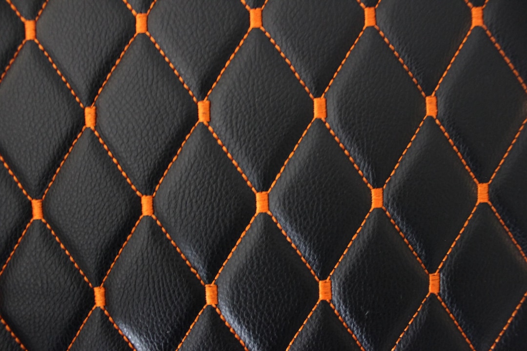 Orange Quilted Black Vinyl Faux Leather Car Upholstery Fabric | 2