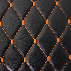 Orange Quilted Black Vinyl Faux Leather Car Upholstery Fabric | 2"x2"  Diamond Stitch w 5mm Foam Backing | 140cm Wide Automotive - Boat