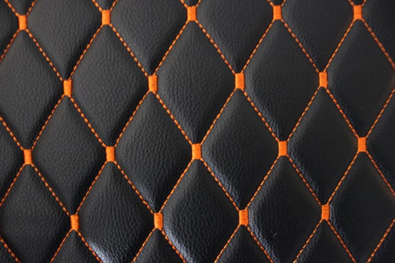 Orange Quilted Black Vinyl Faux Leather Car Upholstery Fabric | 2