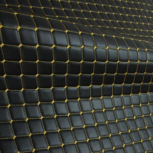 Gold Black Quilted Vinyl Faux Leather Car Upholstery Fabric | 2&quot;x2&quot; 5x5cm Diamond Stitch 5mm Foam Backing | 140cm Wide Automotive - Boat