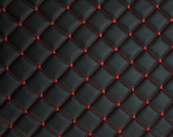 Tela de vinilo acolchado de imitación de cuero para tapicería de coche, color negro y rojo, 5 x 5 cm, puntada de diamante, respaldo de espuma de 5 mm, 140 cm de ancho. Para automoción y embarcaciones.