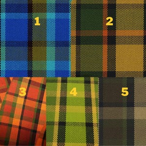 May include: Five fabric swatches with plaid patterns in various colours. The swatches display different colour schemes, including blue, green, orange, and yellow. The plaid designs are formed by intersecting vertical and horizontal lines, creating a grid.