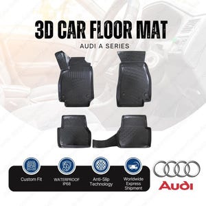 May include: Black 3D car floor mats for an Audi A series vehicle. The mats feature a custom fit, waterproof design, anti-slip technology, and worldwide express shipment. The image also includes the Audi logo.