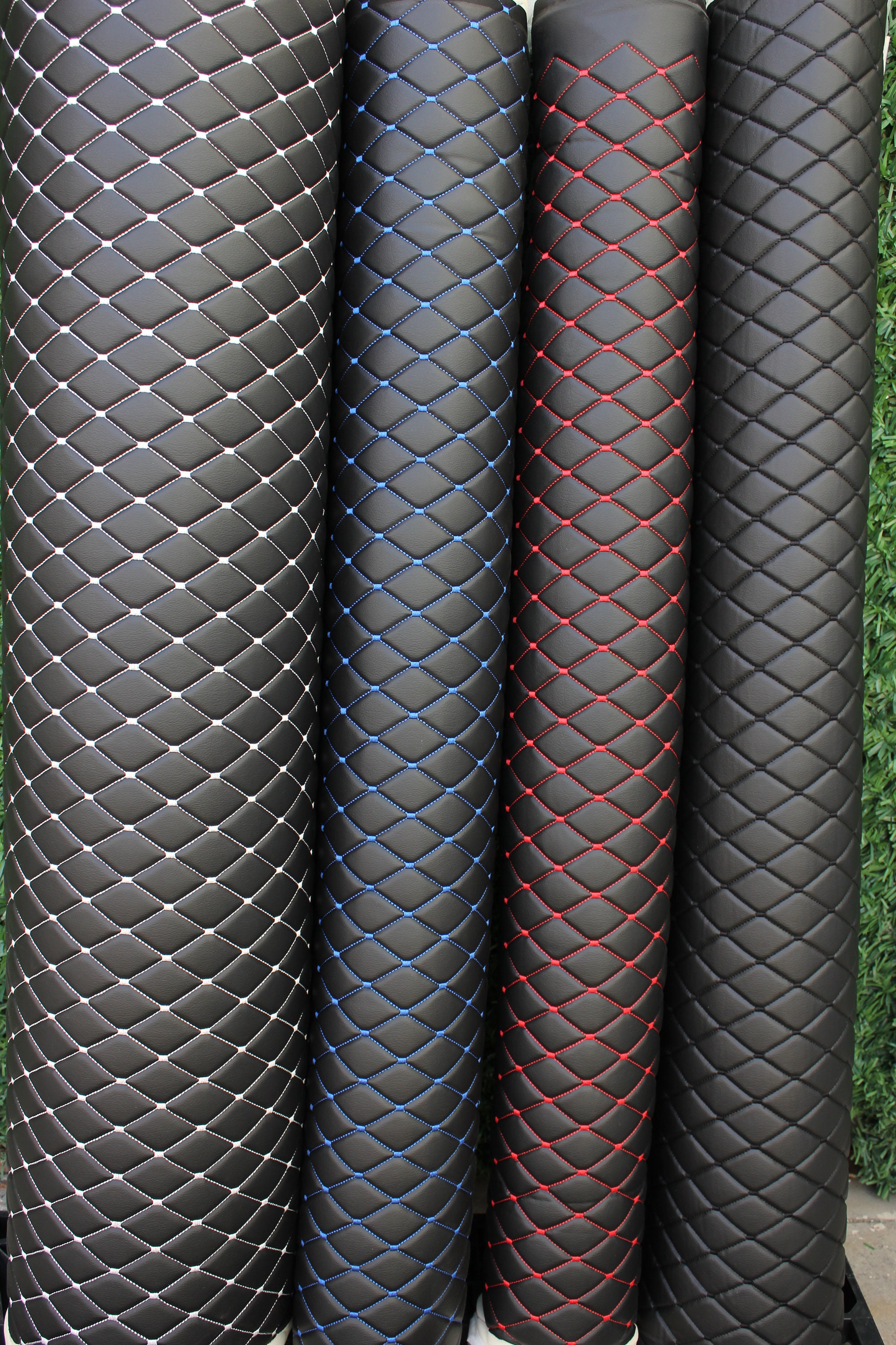 Quilted Vinyl Grain Faux Leather Car Upholstery Fabric | 2"x3" - 5x7.5cm Diamond Stitch with Foam | 140cm & 55.1" Wide | Artificial Leather