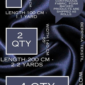 May include: A dark blue fabric with a width of 55 inches and a length of 100, 200, or 400 centimetres. The fabric is sold by the metre as continuous fabric. Foam backed products are shipped as rolls.