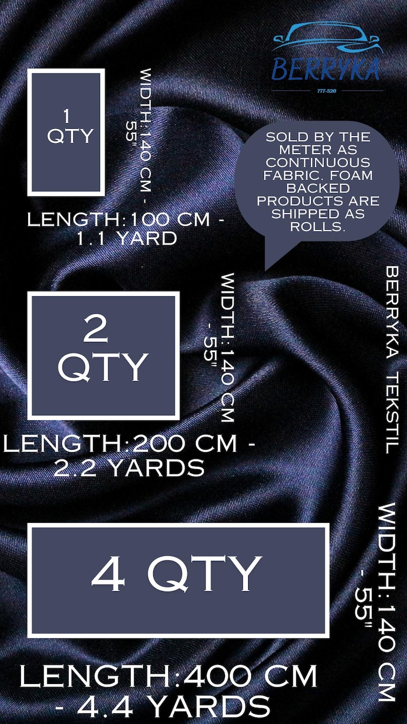May include: A dark blue fabric with a width of 55 inches and a length of 100, 200, or 400 centimetres. The fabric is sold by the metre as continuous fabric. Foam backed products are shipped as rolls.
