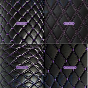 Könnte beinhalten: Vier Muster aus schwarzem Lederbezug mit verschiedenen violetten Steppmustern. Die Muster sind mit 1. Diamond Purple, 2. Double Purple, 3. Butterfly Purple und 4. Big Diamond Purple beschriftet.