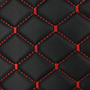 Quilted Vinyl Faux Leather Car Upholstery Fabric 2x2 5x5cm Diamond Stitch with 5mm Foam Backing 140cm Wide Automotive Projects 1 - Black with Red