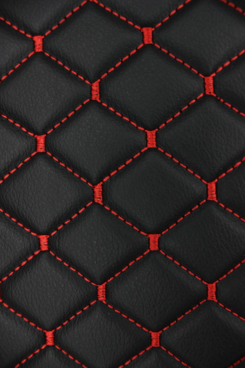 Quilted Vinyl Faux Leather Car Upholstery Fabric 2x2 5x5cm Diamond Stitch with 5mm Foam Backing 140cm Wide Automotive Projects 1 - Black with Red