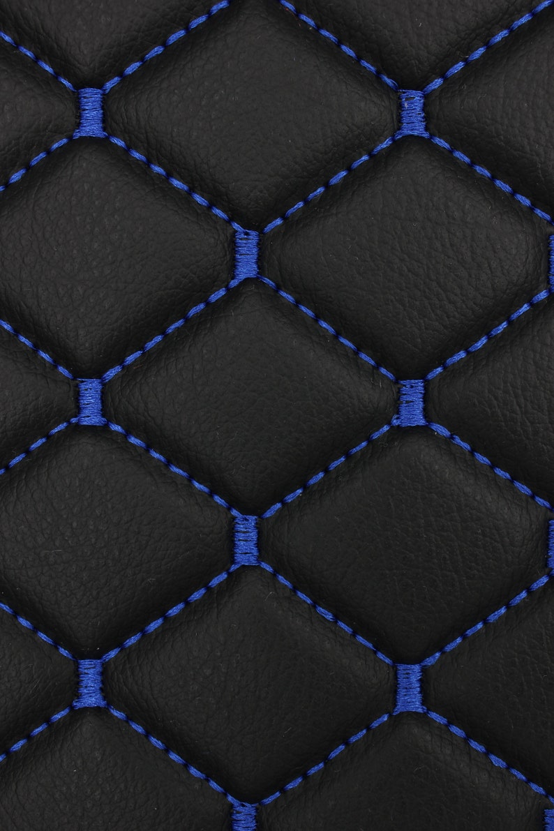 Quilted Vinyl Faux Leather Car Upholstery Fabric 2x2 5x5cm Diamond Stitch with 5mm Foam Backing 140cm Wide Automotive Projects 2 - Black with Blue