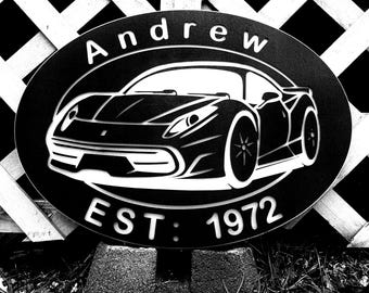 Arte de parede personalizada com tema de carro, oficina do papai, decoração para o cantinho do homem, placa para garagem, presente para amantes de muscle cars.