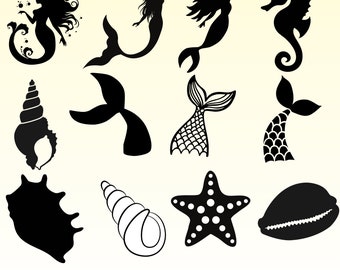 Mermaid Clipart SVG Bundle, Mermaid Svg, Clam Shell Svg, Mermaid Tail Svg, Starfish Svg, Shell Svg, Cut Files for Cricut, Silhouette
