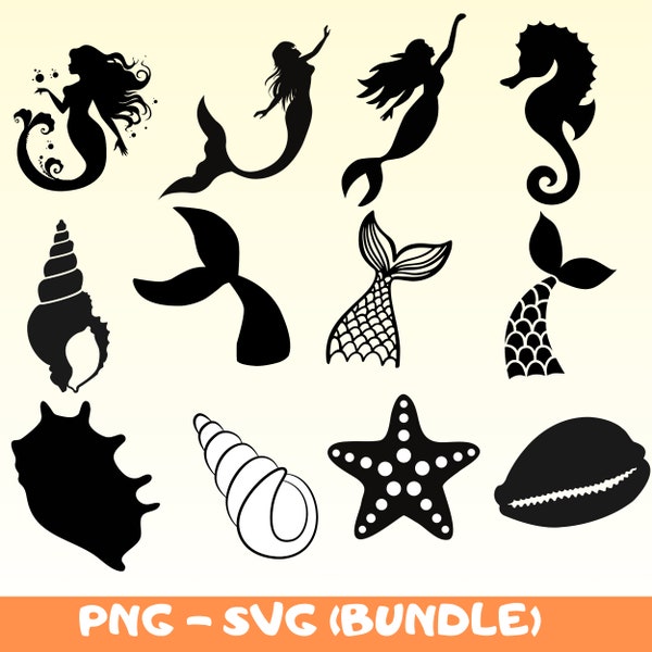 Mermaid Clipart SVG Bundle, Mermaid Svg, Clam Shell Svg, Mermaid Tail Svg, Starfish Svg, Shell Svg, Cut Files for Cricut, Silhouette