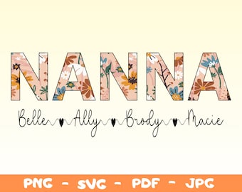 Floral Nanna Shirt Design, Personalized Grandchild Names (PNG SVG)
