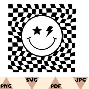 Checkered Pattern Smiley Face SVG PNG Sublimation, Hippie svg, Retro svg, Lightning smiley face svg, Smiley svg, Trendy svg, Checkered svg