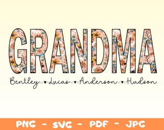 Floral Grandma Shirt Design with Grandchild Names, Personalized Gift (PNG SVG)