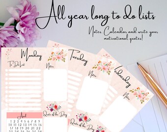 Printable to do list, calendar, organiser, note, quote of the day and floral desigm