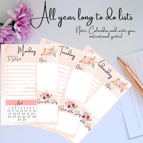 Printable to Do List, Calendar, Organiser, Note, Quote of the Day and Floral Desigm - Etsy printable-to-do-list-calendar-organiser-note-quote-of-the-day-and-floral-desigm-etsy