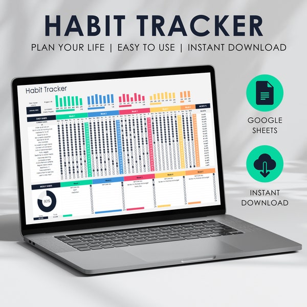 Kleurrijke digitale dagelijkse gewoonte tracker spreadsheet-sjabloon | Dagelijkse planner | Routineplanner | Dagplanner | Doelplanner | Levensplanner