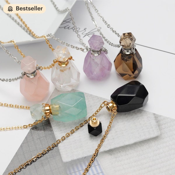 Crystal Gemstone Essential Oil Diffuser Perfume Bottle Necklace, Crystal Jewelry Vials Necklace Healing