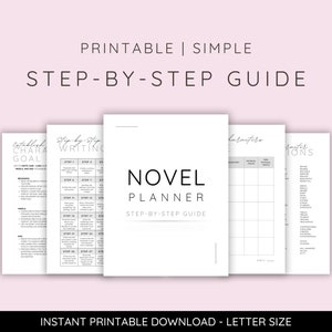 May include: Printable novel planner guide with sections for establishing character goals, step-by-step writing, character parameters, and plot points.
