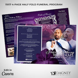 Modello di programma funebre Purple Dignity / Rivista di 4 pagine / Programma funebre Canva modificabile / Programma di celebrazione della vita / Modello di necrologio