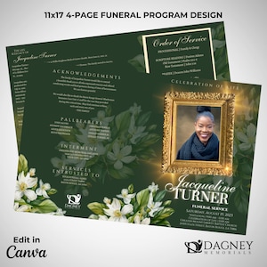 4-Page Funeral Program Design | Hunter Green and Gold Obituary | Canva Template