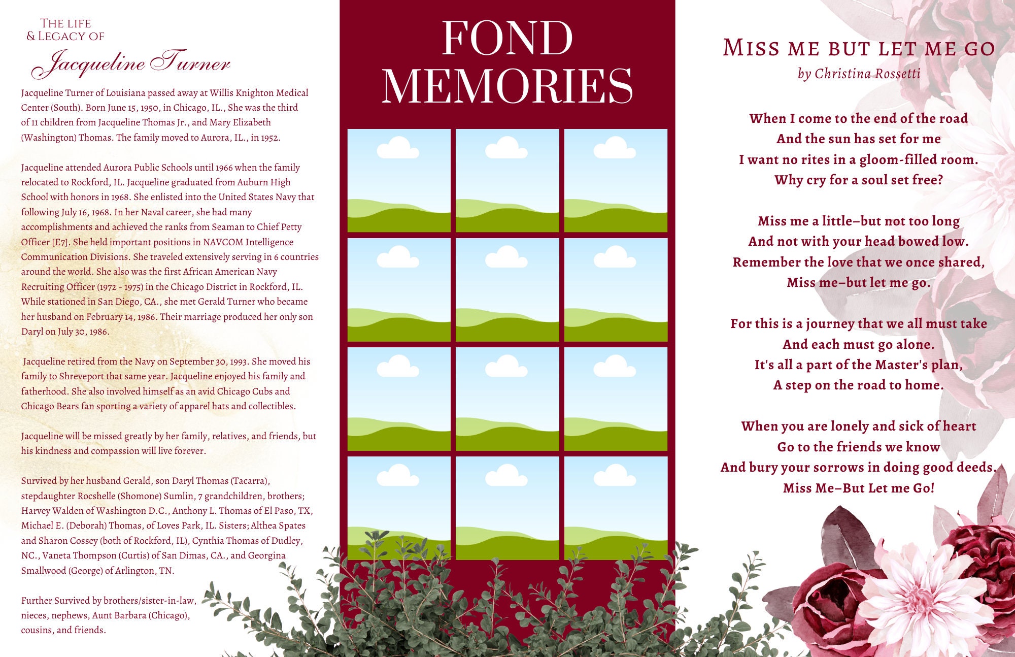 Tri-fold Funeral Program Design | Burgundy and Gold Obituary