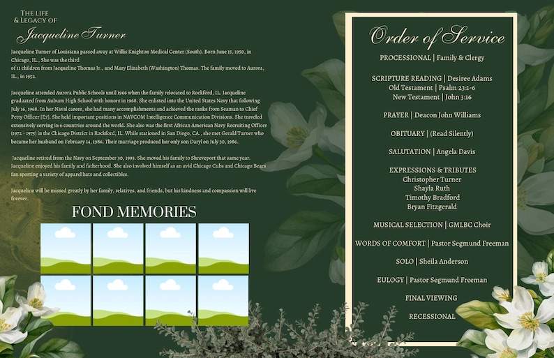4page Funeral Program Design Hunter Green and Gold Obituary Canva