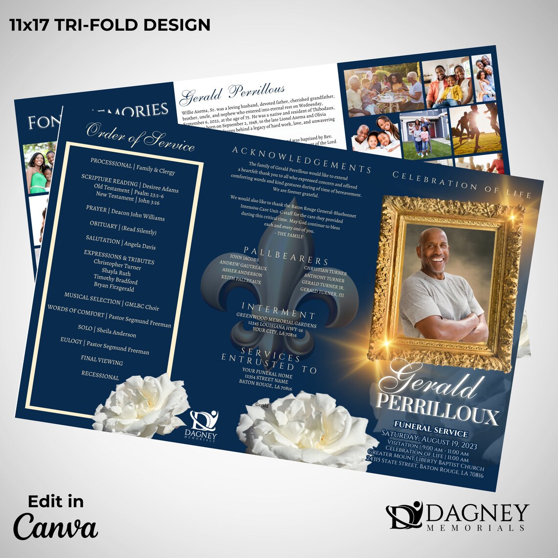 Navy Blue & Gold Tri-fold Funeral Program | Custom Canva Design ...