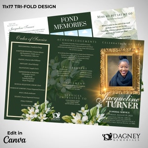 Hunter Green & Gold Tri-Fold Funeral Program | Custom Canva Design Template