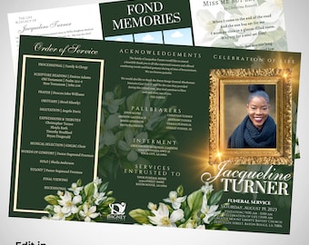 Hunter Green & Gold Tri-Fold Funeral Program | Custom Canva Design Template