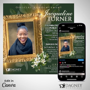 Hunter Green & Gold Funeral Announcement | Celebration of Life | Canva Template