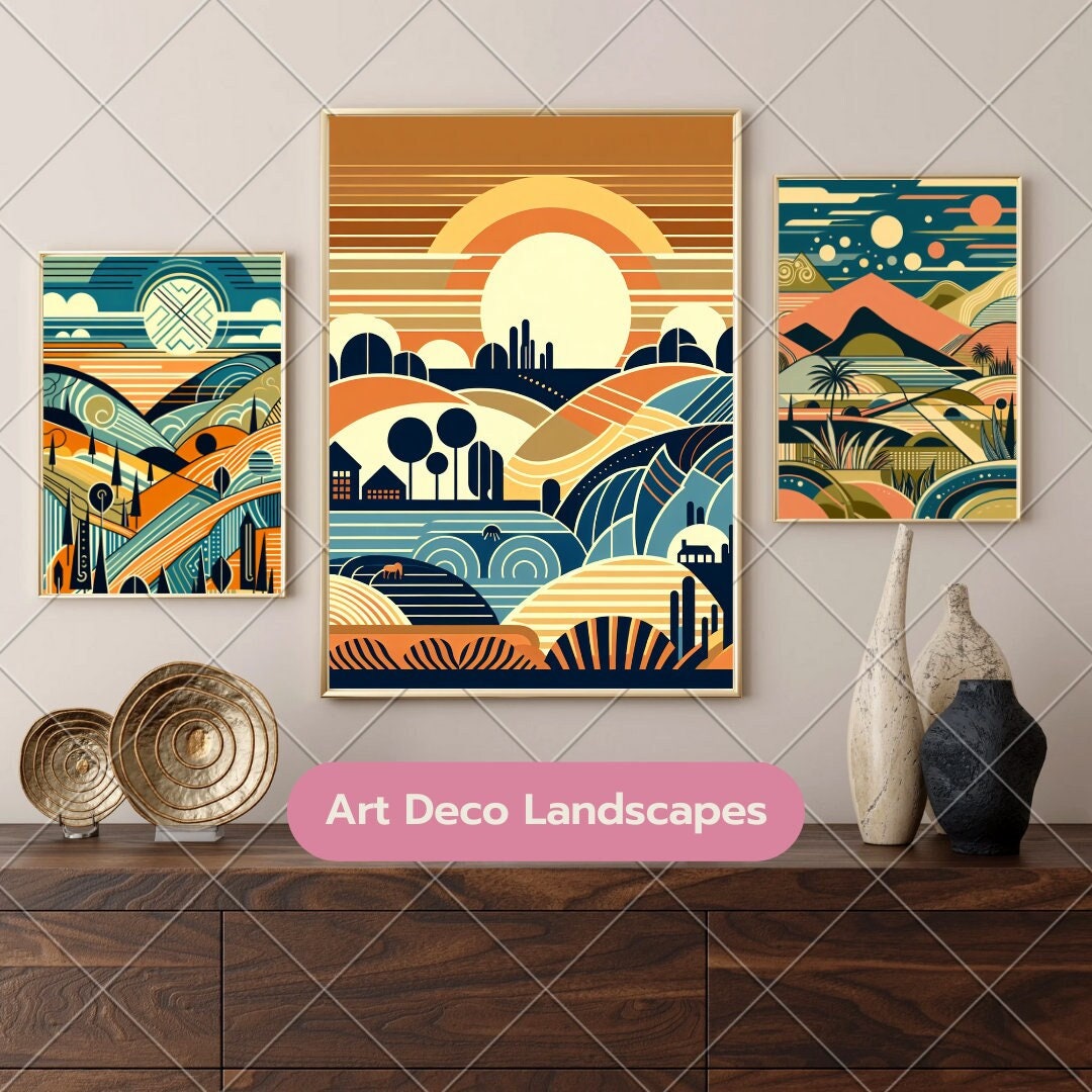 Art Deco Landscape Illustrations Set of Three Art Deco Prints Landscape ...